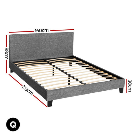 Artiss NEO bed frame grey faux linen headboard close-up — Allure Home Collections