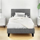 Artiss NEO single bed frame in grey faux linen — full front view — Allure Home Collections