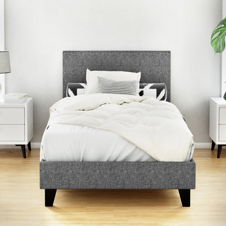 Artiss NEO single bed frame in grey faux linen — full front view — Allure Home Collections