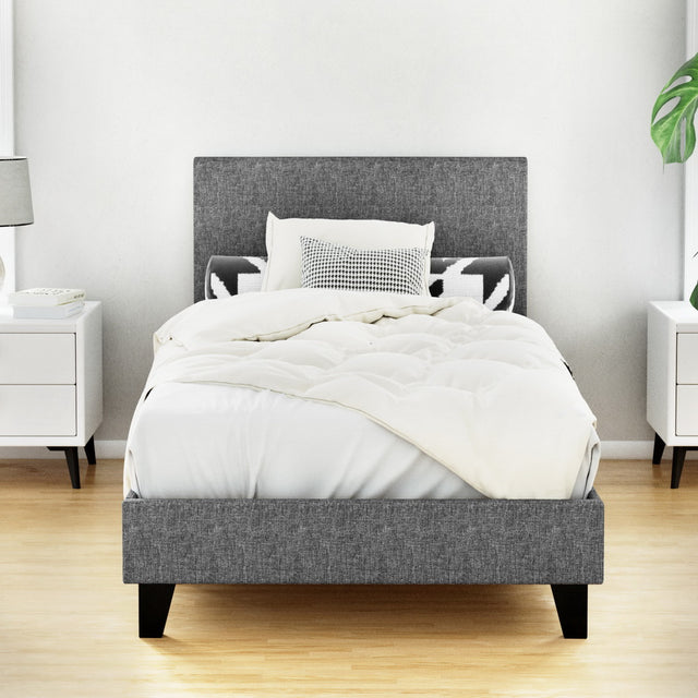 Artiss NEO single bed frame in grey faux linen — full front view — Allure Home Collections