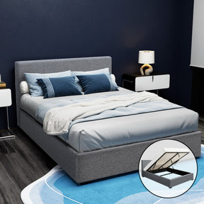 Glebe double gas lift bed frame in grey faux linen with hidden storage