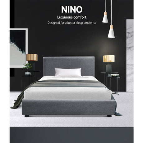 Artiss NINO king single grey gas lift bed frame open showing hidden storage — Allure Home Collections
