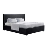 Artiss NINO queen black PU leather gas lift bed frame showing steel arched slat base — Allure Home Collections