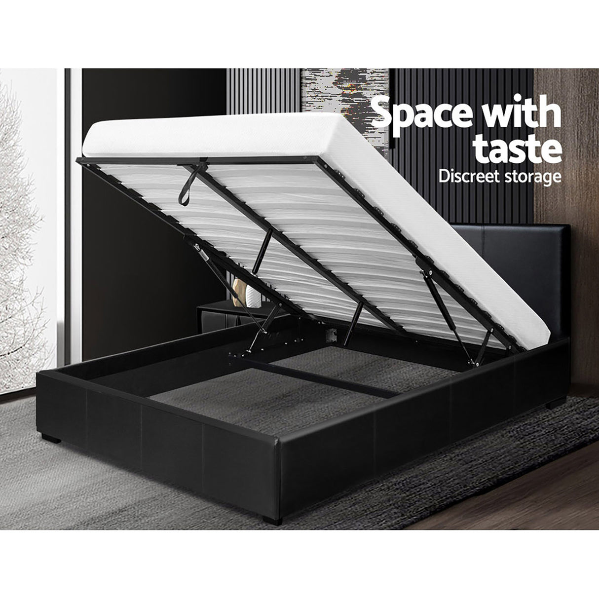 Artiss NINO queen black gas lift bed frame styled in bedroom — Allure Home Collections