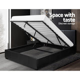 Artiss NINO queen black gas lift bed frame styled in bedroom — Allure Home Collections