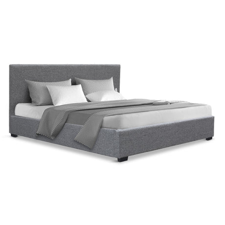 Artiss NINO grey queen gas lift bed frame showing 300kg capacity — Allure Home Collections