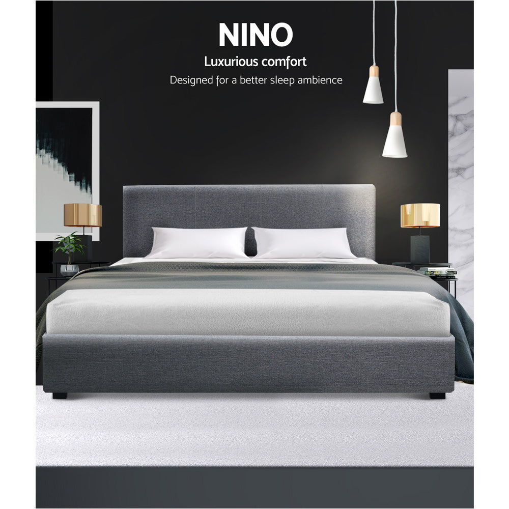 Artiss NINO queen grey gas lift bed frame open showing hidden storage — Allure Home Collections