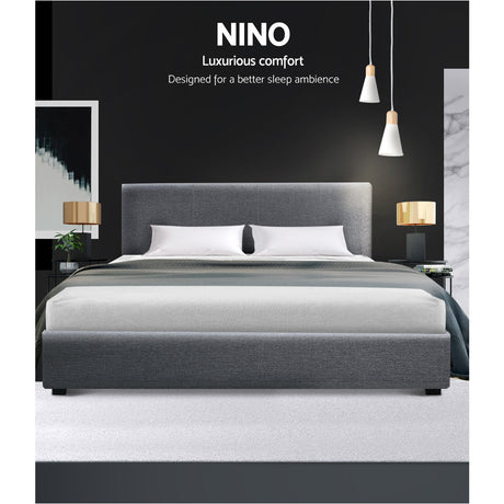 Artiss NINO queen grey gas lift bed frame open showing hidden storage — Allure Home Collections