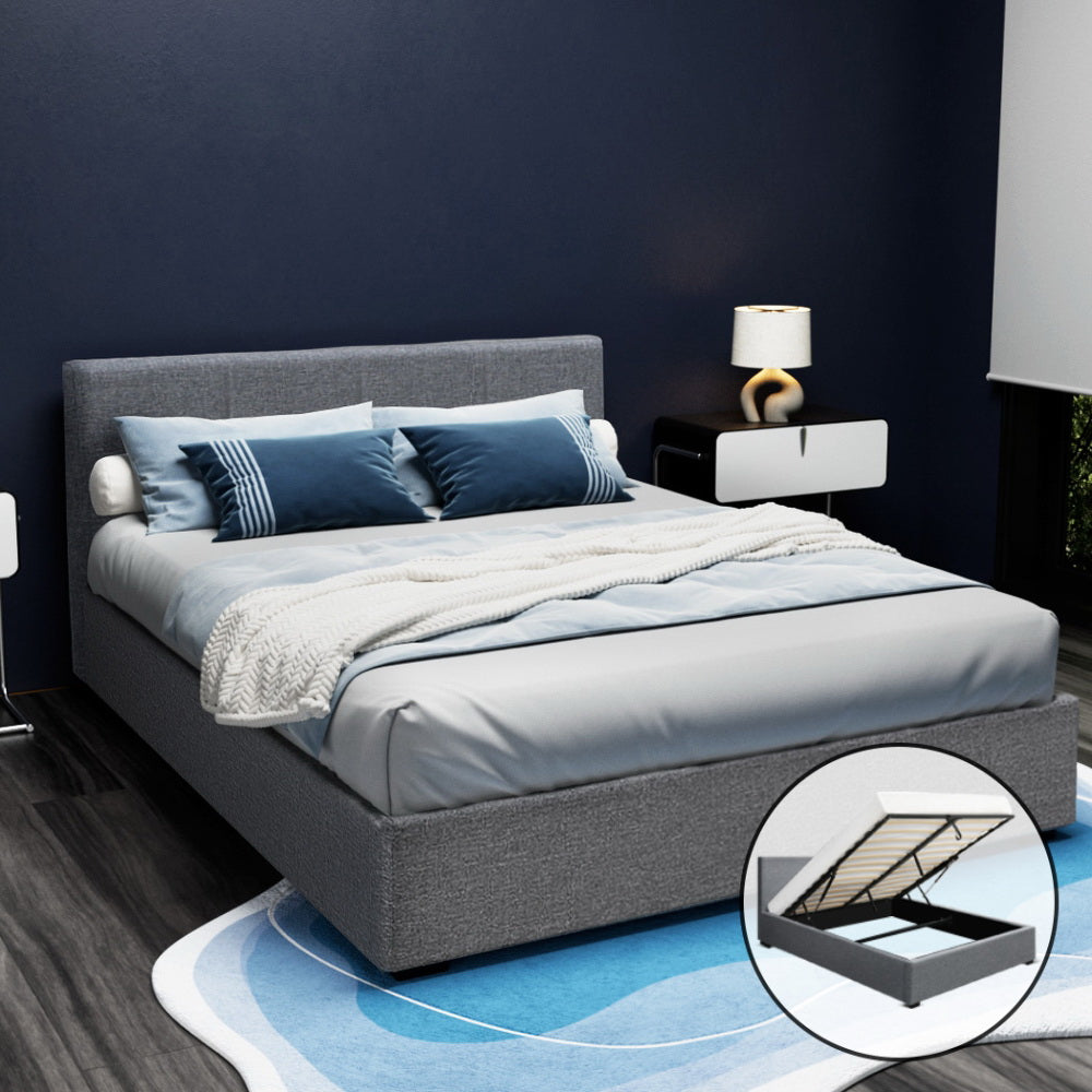 Artiss NINO queen gas lift bed frame in grey faux linen — full front view — Allure Home Collections