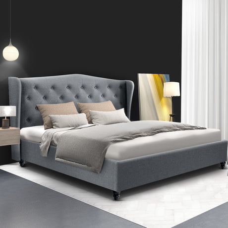 Artiss PIER double bed frame in grey with French provincial wing headboard — full view — Allure Home Collections