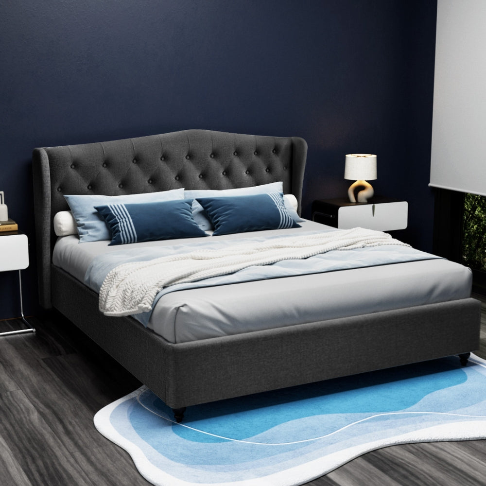 Artiss PIER bed frame charcoal wing headboard close-up showing tufting — Allure Home Collections