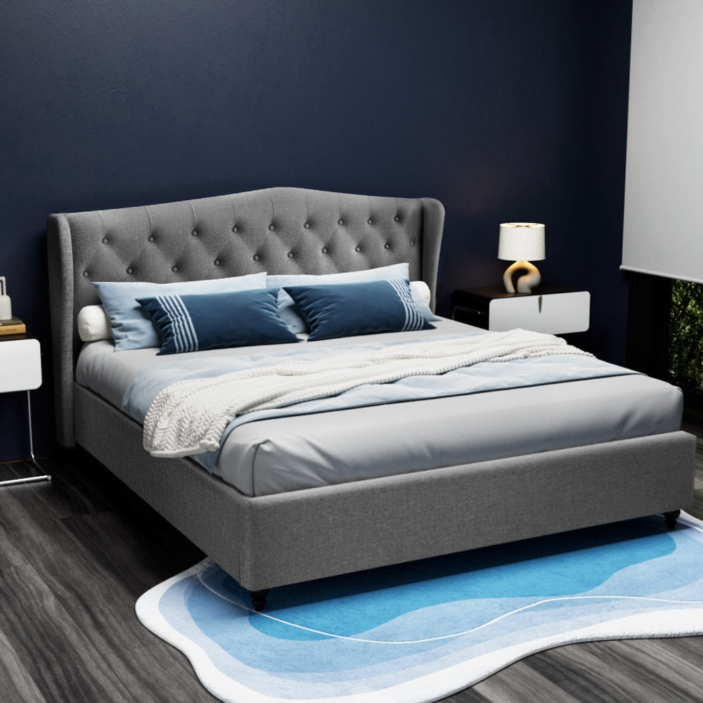 Artiss PIER bed frame grey wing headboard close-up showing tufting — Allure Home Collections