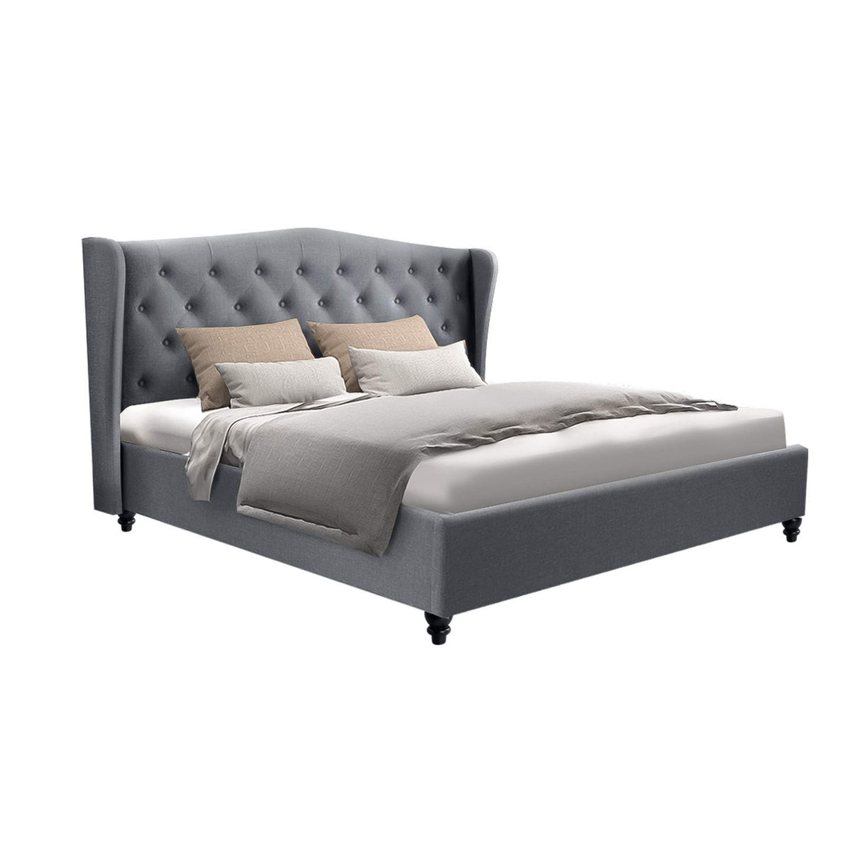 Artiss PIER grey queen bed frame showing full proportions — Allure Home Collections