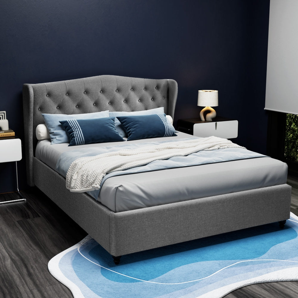 Artiss PIER grey wing headboard close-up showing tufted linen design — Allure Home Collections