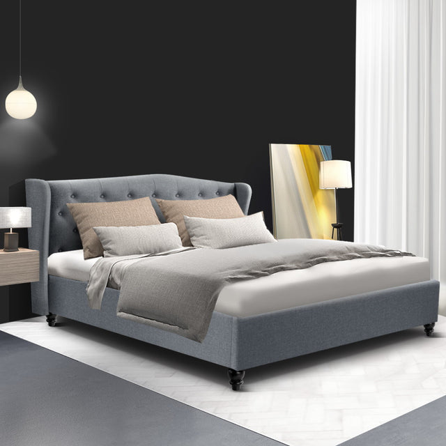 Artiss PIER queen bed frame in grey with French provincial wing headboard — full view — Allure Home Collections
