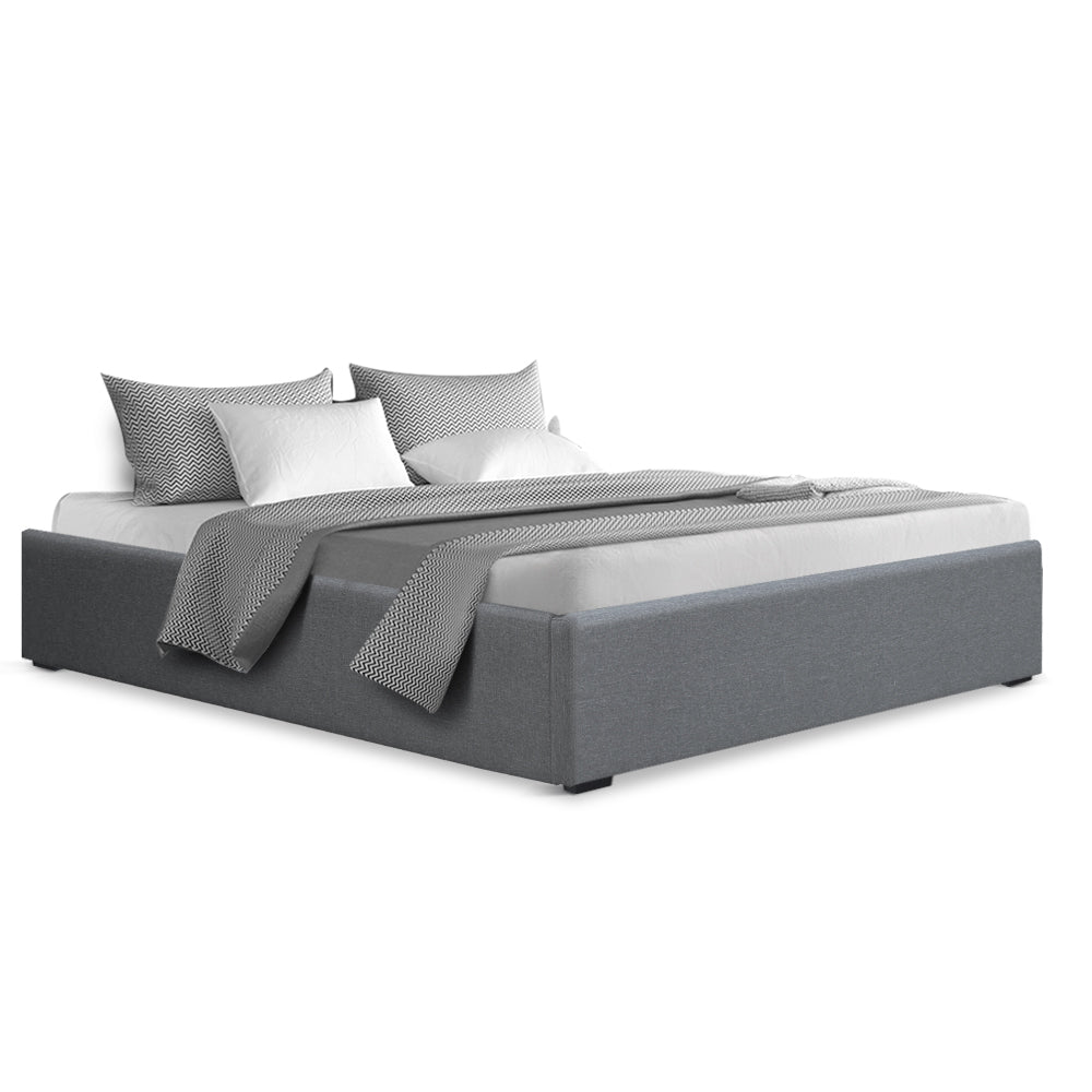 Artiss TOKI double grey linen gas lift bed frame showing 190 x 137cm mattress fit — Allure Home Collections