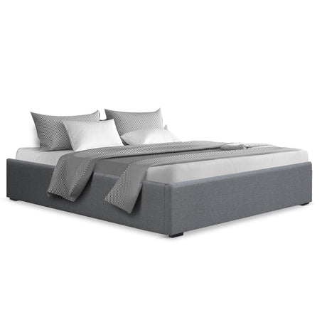Artiss TOKI double grey linen gas lift bed frame showing 190 x 137cm mattress fit — Allure Home Collections