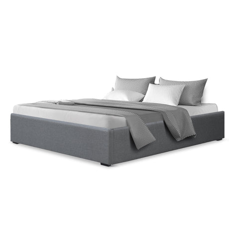 Artiss TOKI grey gas lift double bed frame open showing hidden storage — Allure Home Collections