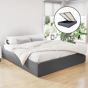 Neutral Bay king gas lift bed in grey faux linen with hidden storage in a contemporary bedroom