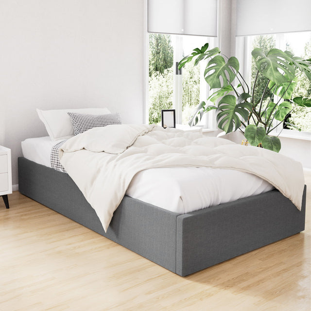 Artiss TOKI king single gas lift bed frame in grey linen — full front view — Allure Home Collections