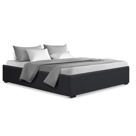 Artiss TOKI charcoal linen queen bed frame showing 215 x 160 x 33cm — Allure Home Collections