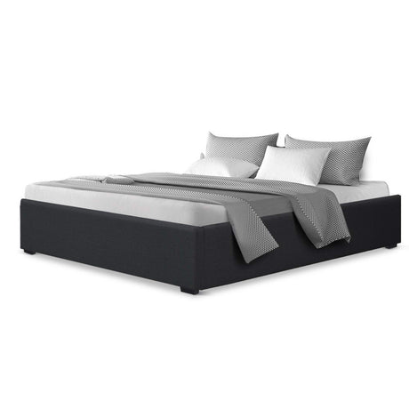 Artiss TOKI charcoal gas lift bed frame open showing hidden storage — Allure Home Collections