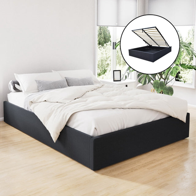 Artiss TOKI queen gas lift bed frame in charcoal linen — full front view — Allure Home Collections