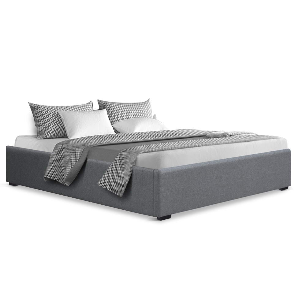 Artiss TOKI queen grey linen bed frame showing 300kg capacity — Allure Home Collections