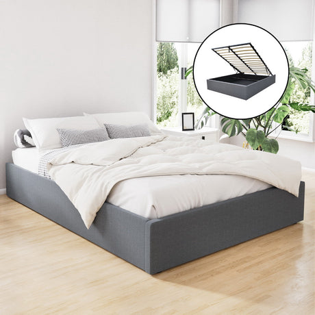 Artiss TOKI queen gas lift bed frame in grey linen — full front view — Allure Home Collections