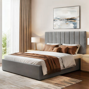 Rozelle gas lift bed with an Art Deco velvet headboard and hidden storage base in a bedroom