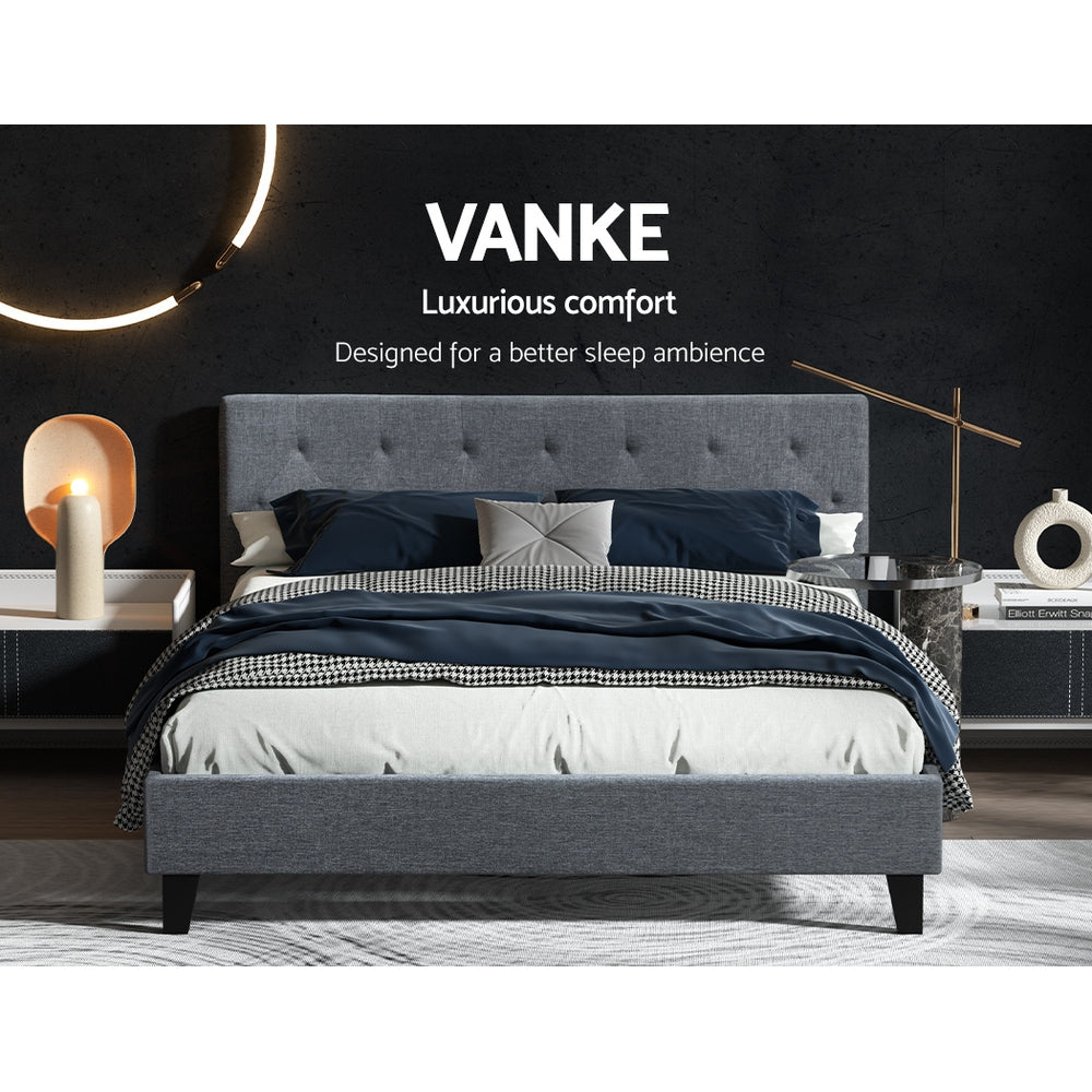 Artiss VANKE grey faux linen queen bed frame styled in bedroom — Allure Home Collections