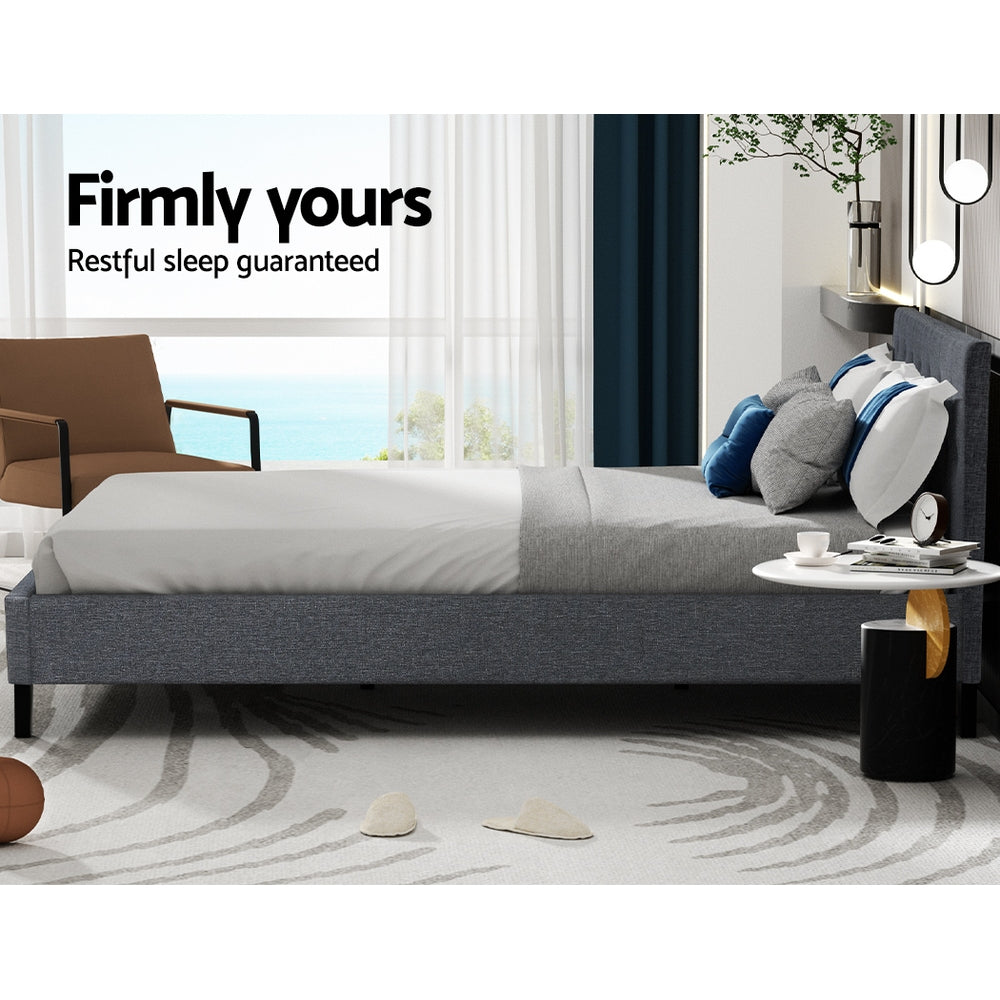 Artiss VANKE grey bed frame showing strong metal legs with anti-slip floor protectors — Allure Home Collections