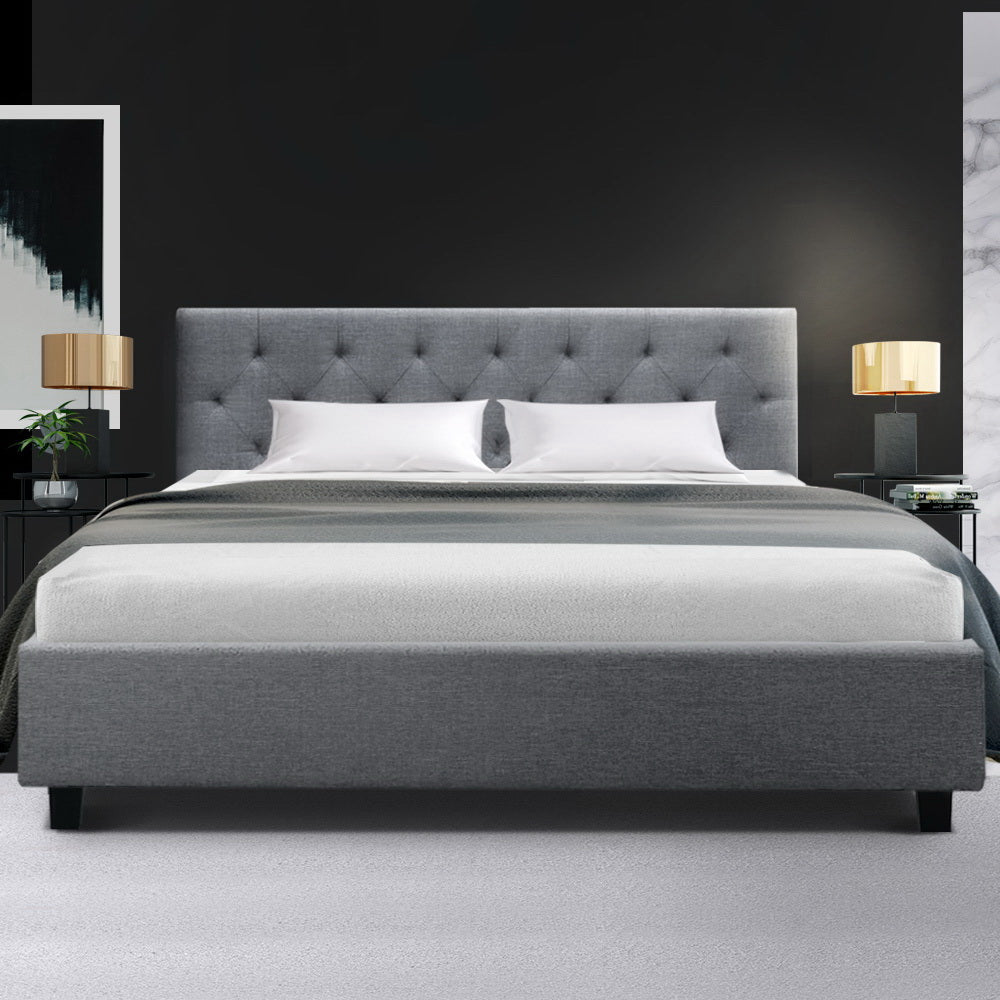 Artiss VANKE queen grey faux linen bed frame showing 217 x 160 x 88cm — Allure Home Collections