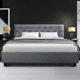 Artiss VANKE queen grey faux linen bed frame showing 217 x 160 x 88cm — Allure Home Collections