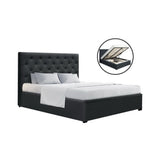 Artiss VILA double gas lift bed frame in charcoal faux linen — full front view — Allure Home Collections