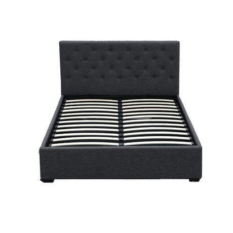 Artiss VILA charcoal gas lift double bed frame open showing hidden storage — Allure Home Collections
