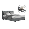 Artiss VILA double gas lift bed frame in grey faux linen with tufted headboard — full view — Allure Home Collections