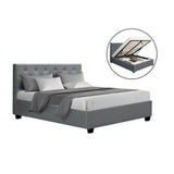 Artiss VILA double gas lift bed frame in grey faux linen with tufted headboard — full view — Allure Home Collections