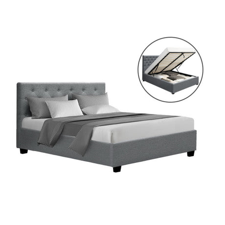 Artiss VILA double gas lift bed frame in grey faux linen with tufted headboard — full view — Allure Home Collections
