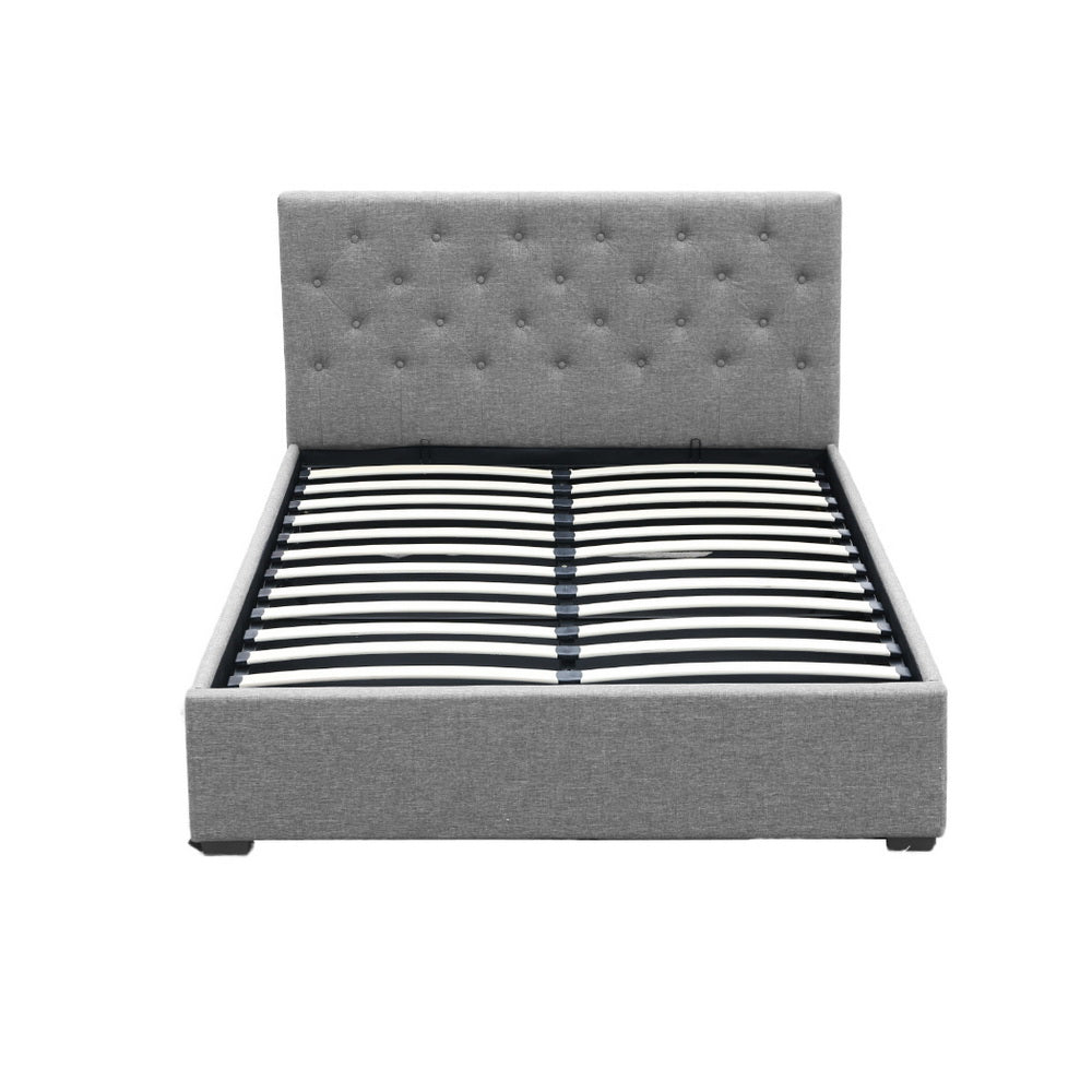 Artiss VILA grey gas lift double bed frame open showing hidden storage — Allure Home Collections