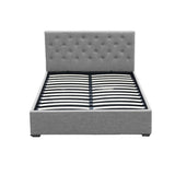 Artiss VILA grey gas lift double bed frame open showing hidden storage — Allure Home Collections