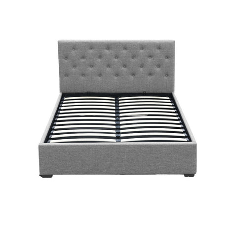 Artiss VILA grey gas lift double bed frame open showing hidden storage — Allure Home Collections