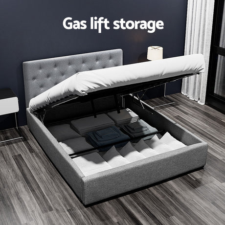 Artiss VILA grey double gas lift bed frame styled in bedroom — Allure Home Collections