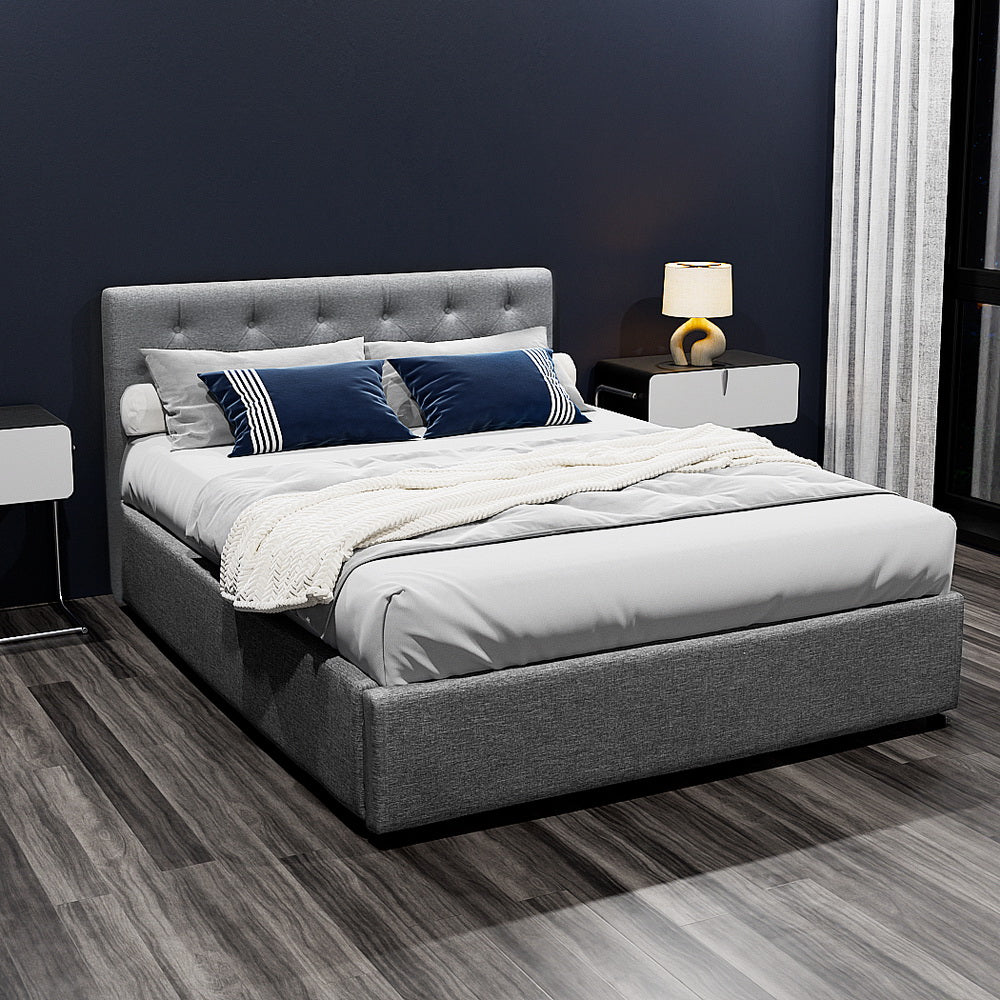 Artiss VILA grey gas lift double bed frame from foot end — Allure Home Collections