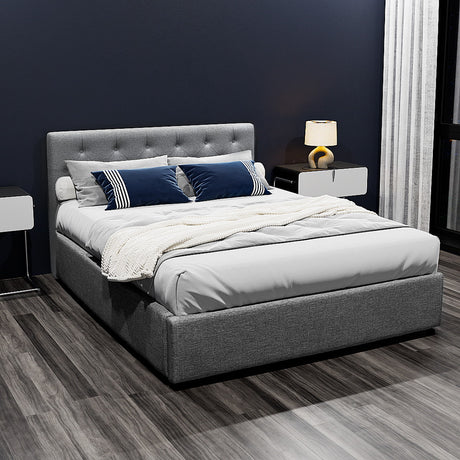 Artiss VILA grey gas lift double bed frame from foot end — Allure Home Collections