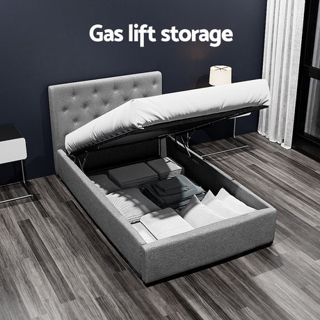 Artiss VILA king single grey gas lift bed frame side profile — Allure Home Collections