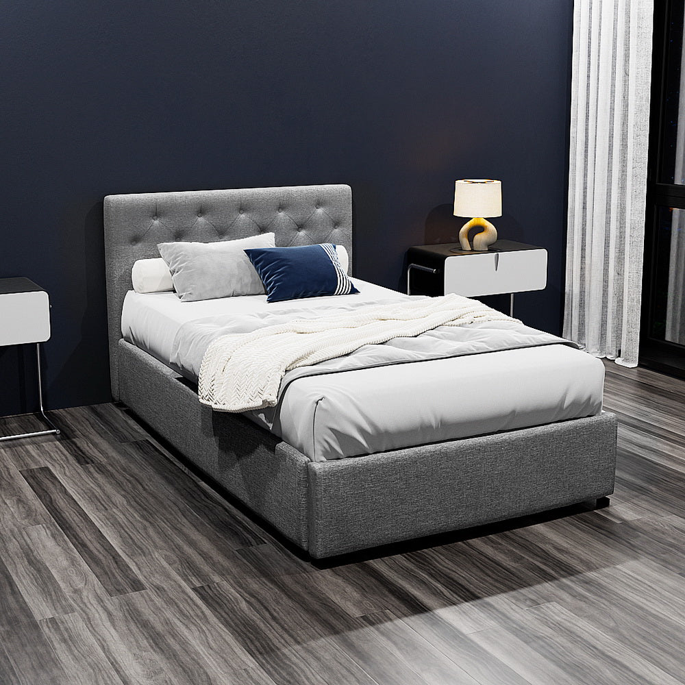 Artiss VILA king single gas lift bed frame in grey faux linen — full view — Allure Home Collections