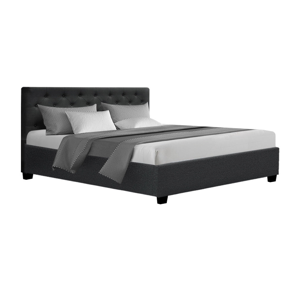 Artiss VILA queen gas lift bed frame in charcoal faux linen with tufted headboard — Allure Home Collections