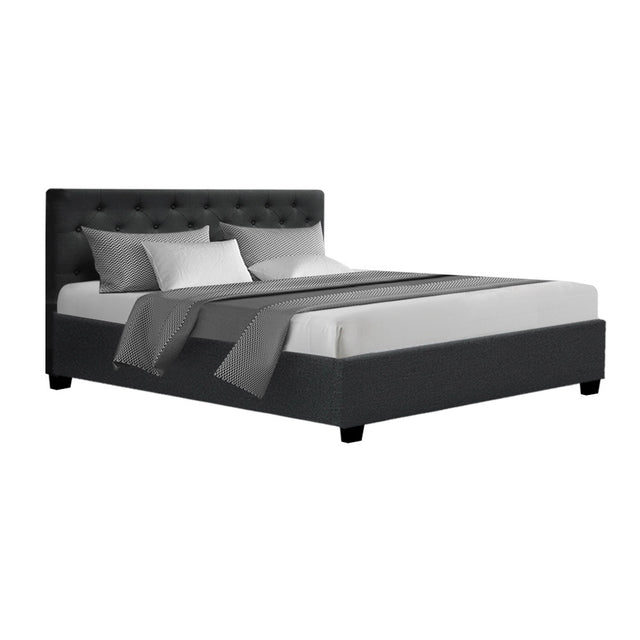 Artiss VILA queen gas lift bed frame in charcoal faux linen with tufted headboard — Allure Home Collections