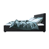 Artiss VILA charcoal queen gas lift bed frame styled in bedroom — Allure Home Collections